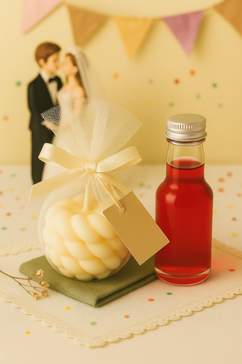 Μπομπονιέρα Γάμου / Βάπτισης με Χειροποίητο Κερί & Μπουκαλάκι Λικέρ 50ml